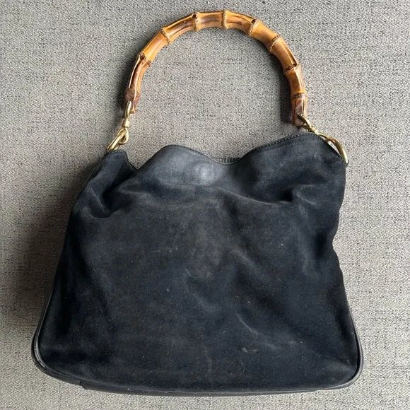 Gucci Black Suede Bamboo top handle bag